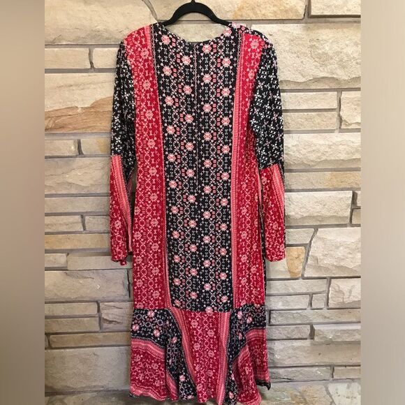 SOMEDAYS LOVING Burn in Love Black and Red Print Bell Sleeve Midi Dress Medium - Picture 6 of 11